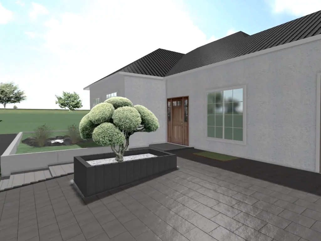 3D-Planung einer modernen Hofeinfahrt mit Pflanzbeet und stilvollem Hauseingang