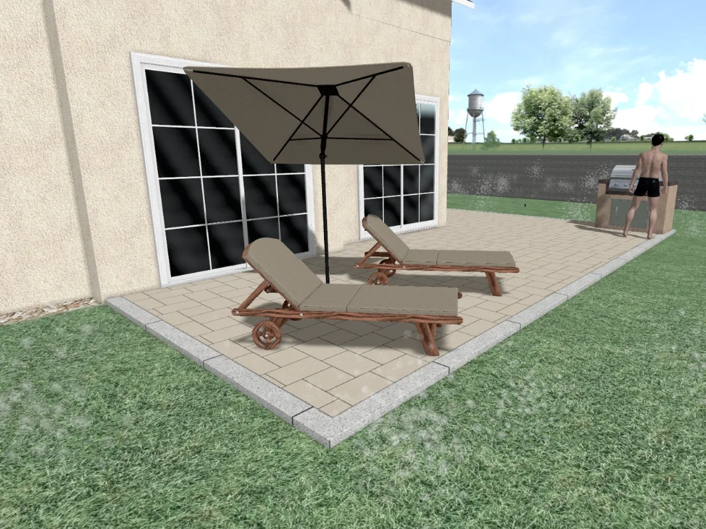 3D-Visualisierung einer Einfahrt mit Carport und Gartenmauer