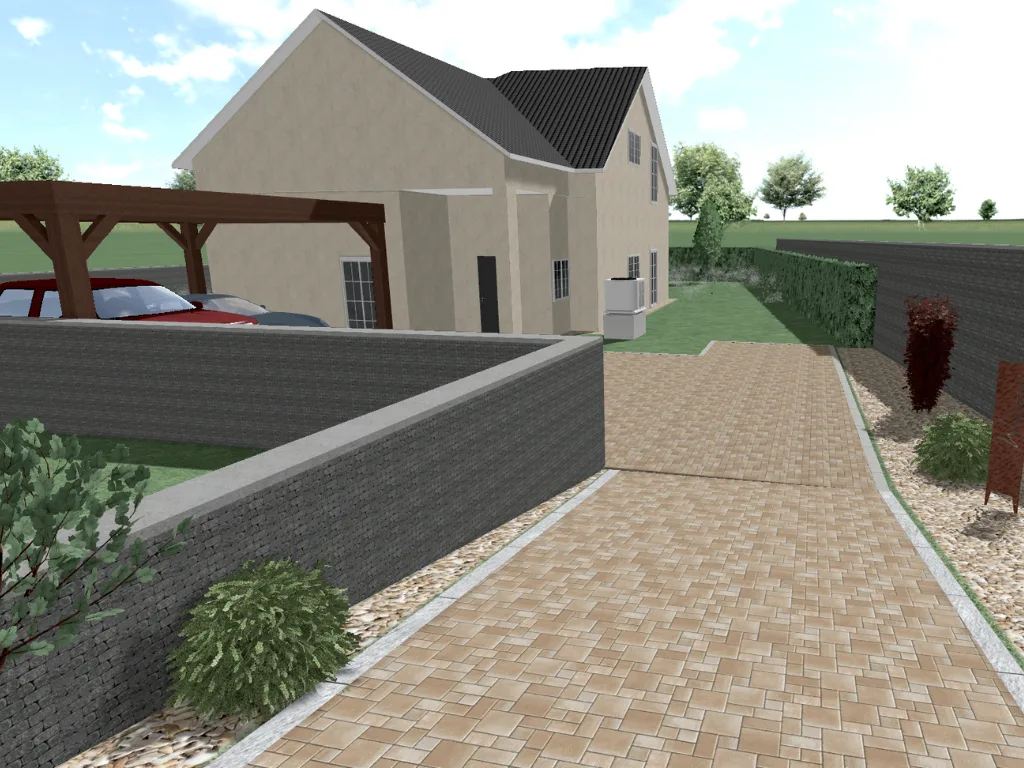 3D-Planung eines gepflasterten Gartenwegs mit Randbegrünung