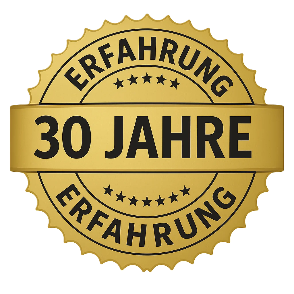 Goldenes Qualitätssiegel mit der Aufschrift „30 Jahre Erfahrung“