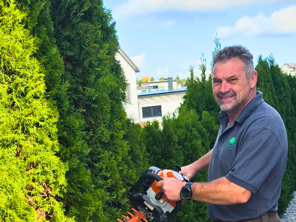 Gerhard Mantsch beim professionellen Heckenschnitt mit Motorsäge